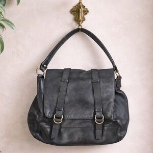 Cole Haan Black Leather Buckle Front Messenger Bag